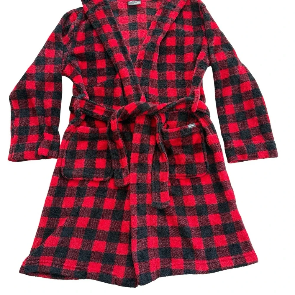 Eddie Bauer Kids Hooded Robe Fleece Red Black Buffalo Plaid Cozy Kids S 7/8‎